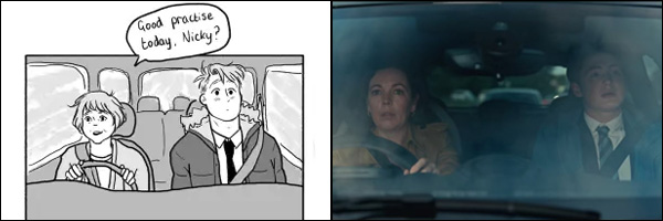 Comparaison de scène : Sarah récupère Nick en voiture